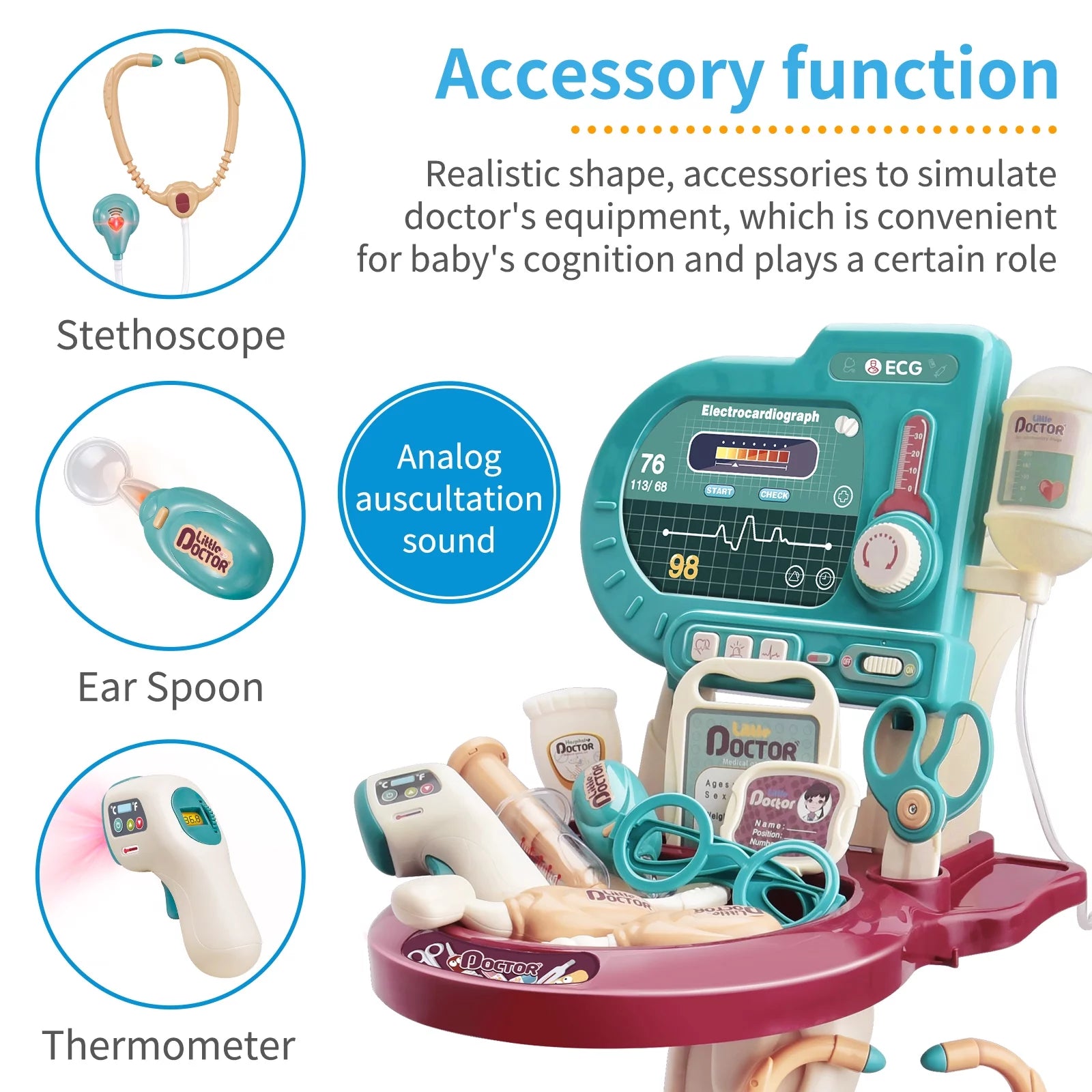 Eohemeral Play Doctor Kit for Kids,Medical Kit Toy Cart with 24Pieces Accessories Doctor Play Set for Kids,Toddler Boys & Girls
