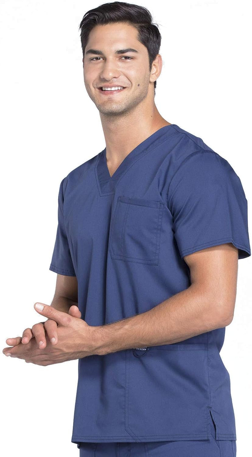 Scrub Top for Men V-Neck with 3 Pockets, Knit Details, Soft, Durable, Breathable, 2-Way Stretch Fabric - WW670