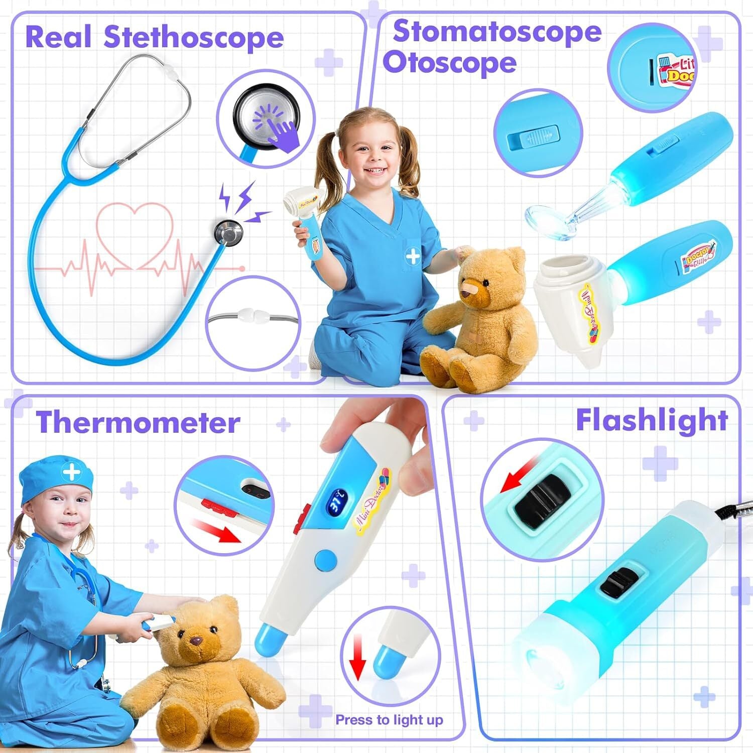 15Pcs Kids Doctor Kit for Kids,Kids Doctors Play Set with Real Stethoscope,Me