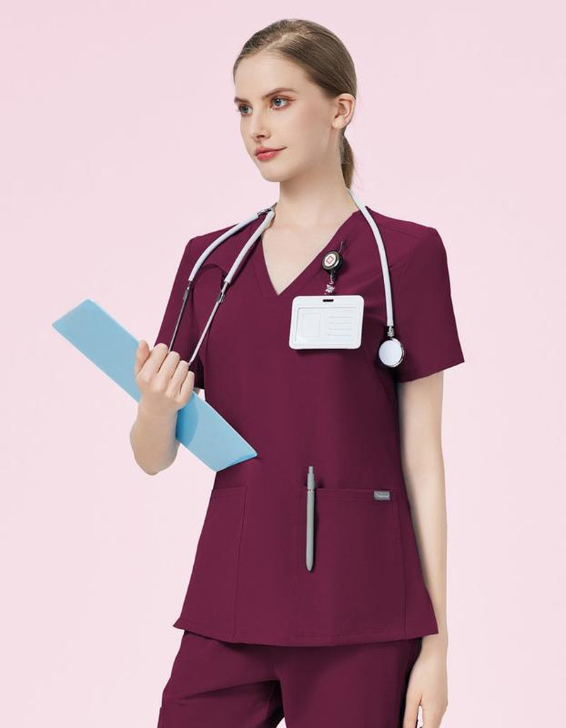 TINYLEMON Women Scrub Top - 3 Pocket V-Neck Top Scrubs Slim Fit with Badge Loop, Soft Four-Way Stretch Anti-Wrinkle Scrubs for Women Workwear