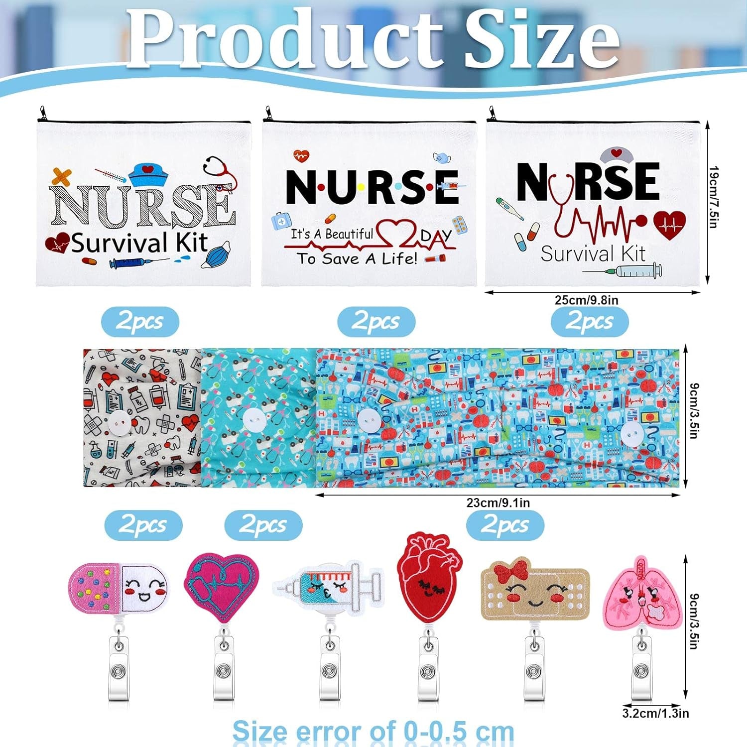 18 Pcs Nurse Gift Survival Kit 2025 Nurse Week Appreciation Gift for Women 6 Cosmetic Makeup Bag 6 Badge Reel Retractable 6 Headband with Button Women Doctor Present for Hospital(Stylish Style)