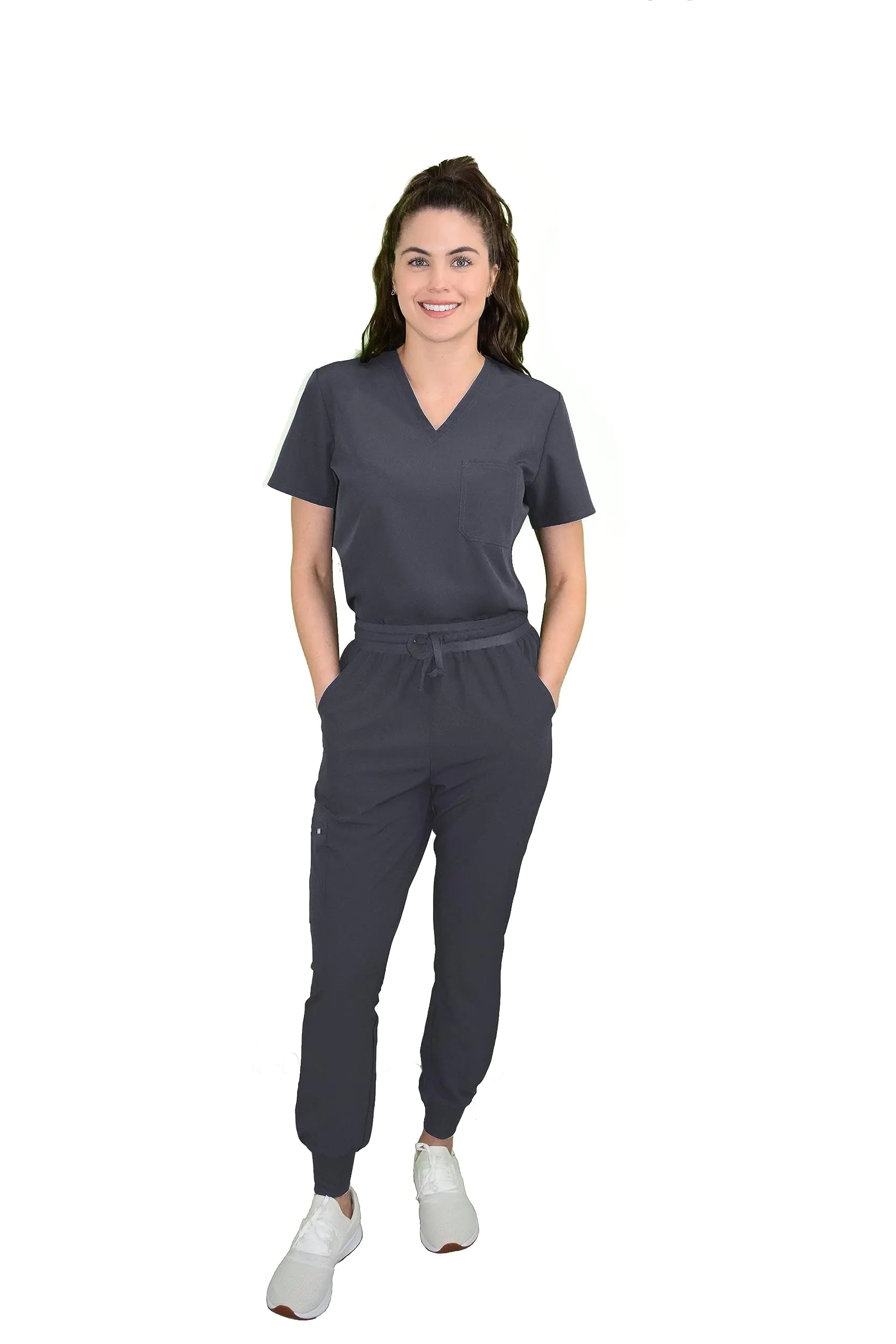 Green Town Scrubs for Women Scrub Set - Slim Fit Jogger Pant and Tuck-in V-Neck Top 5 Pockets Easy Care Uniform -Pewter-Medium
