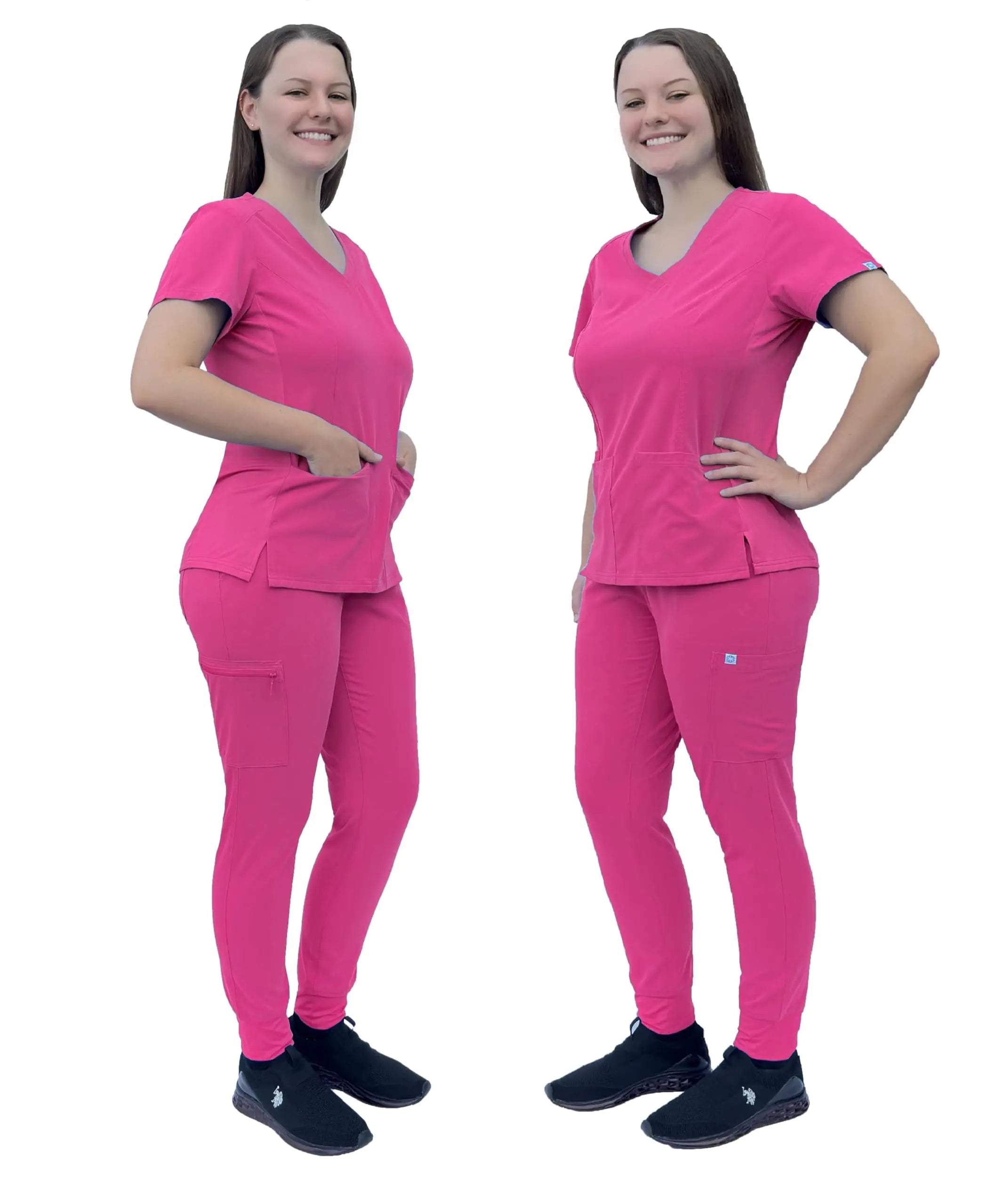 ANGIE UNIFORMS PREMIUM Jogger Scrubs for Women Set. Side Spandex 2 Pockets Top/Tapered Leg Jogger Pants. Soft and Stretchy. (HOT PINK L)