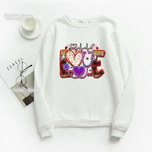 Nurse Heart Print Hoodie for Women - Fashionable Autumn/Winter