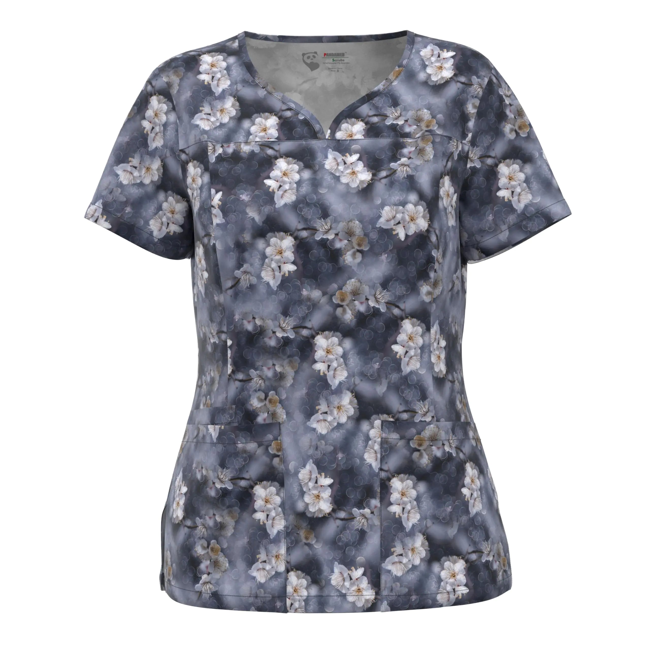 Digital Print Stretch Scrubs Top - Pandamed Notch Neck Women Stretch Top Positioning Printing Top PPS102 (74# XL)