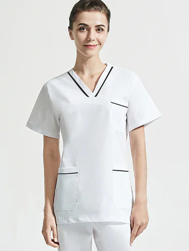 Women's Nurse Uniform Set - White with Navy Trim