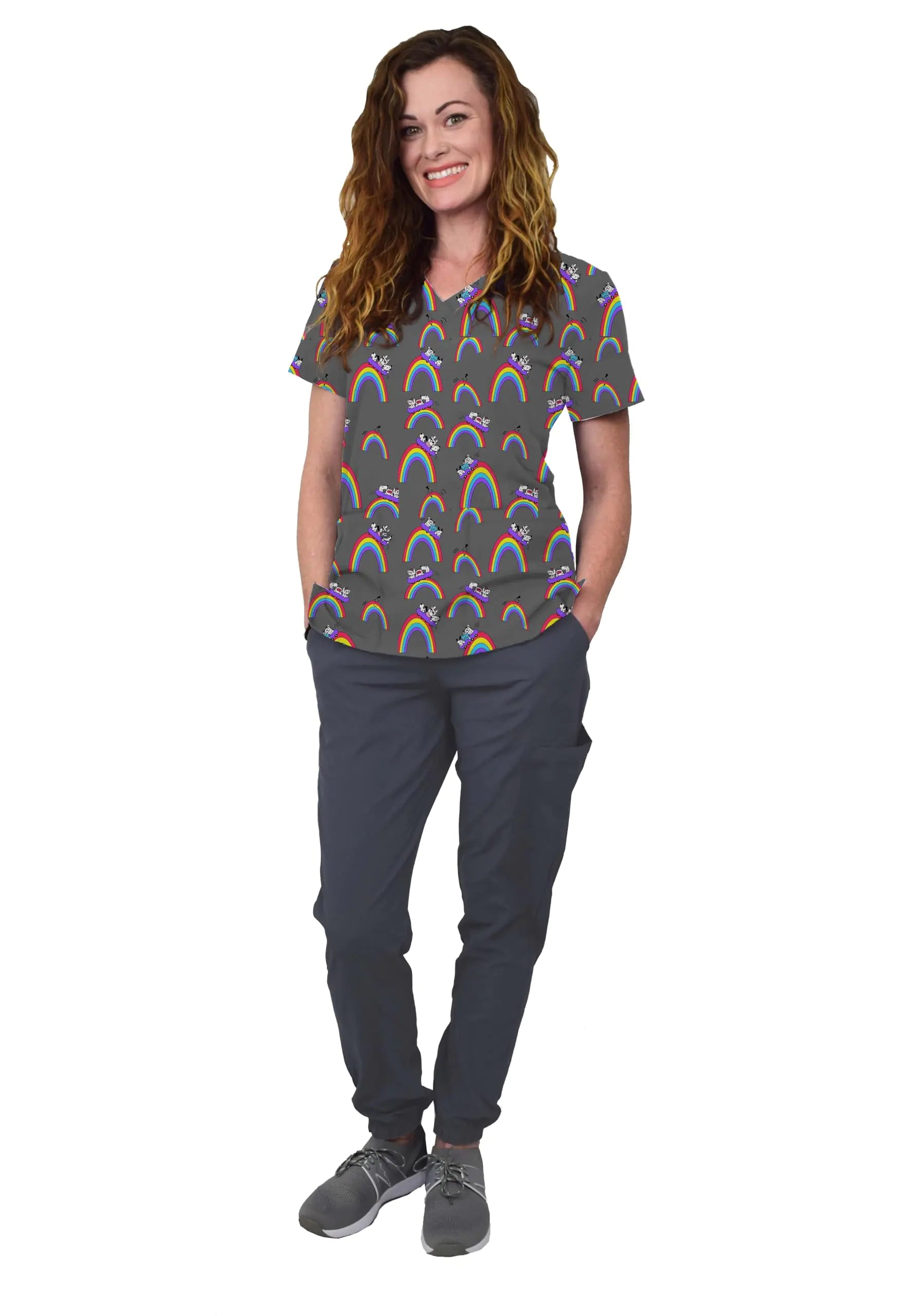 Green Town Scrubs for Women Scrub Set - Print Top and Jogger Pant Easy Care Uniforms -Chase The Rainbow/Pewter Pant-Small