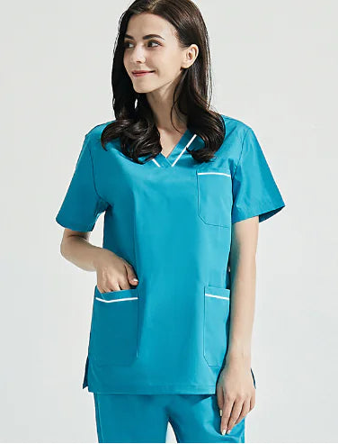 Women's Nurse Uniform Set - White with Navy Trim