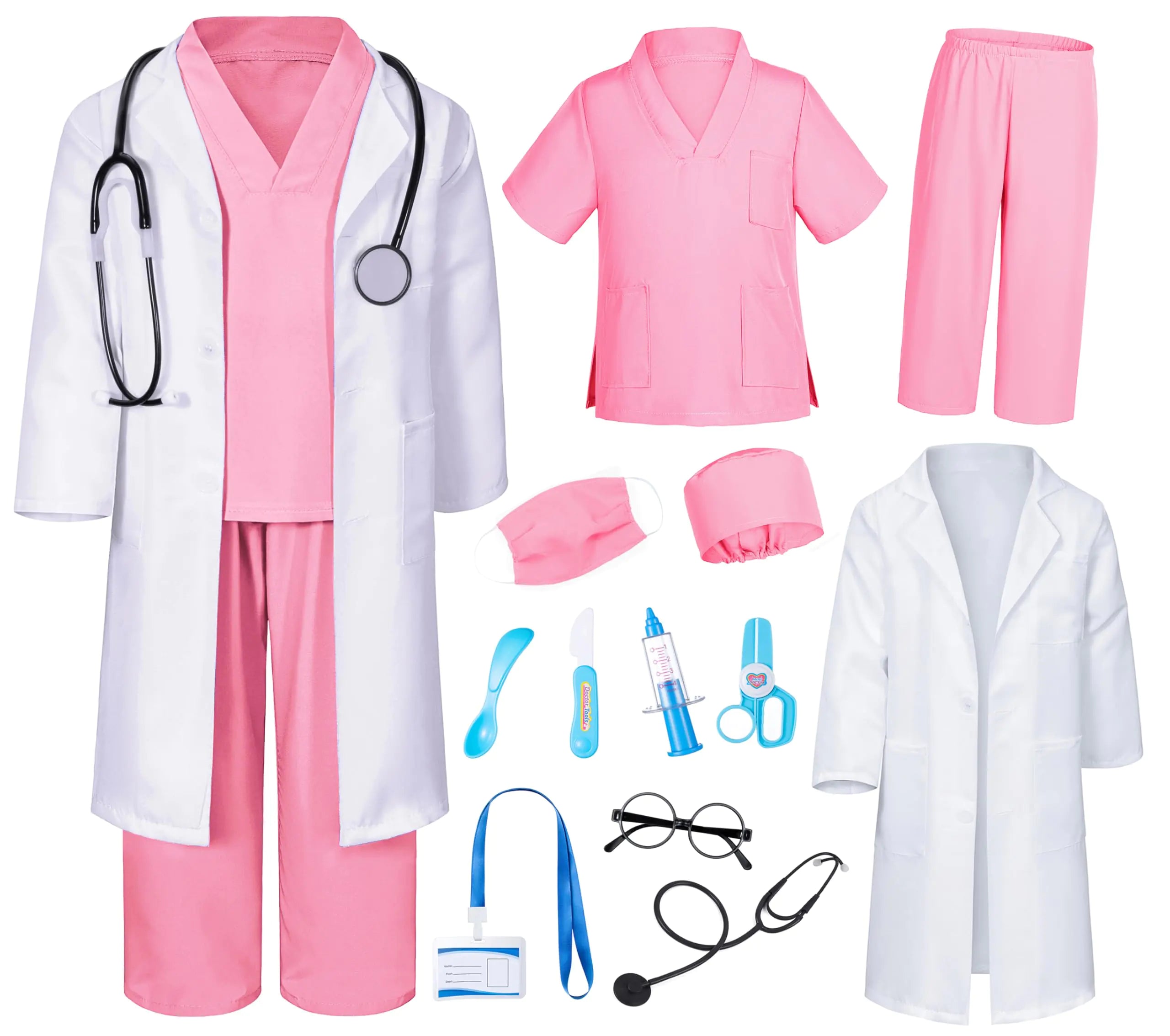 Doctor Costume for Kids Scrubs Pants with Accessories Set Children Party Cosplay Pink 7-8 Years