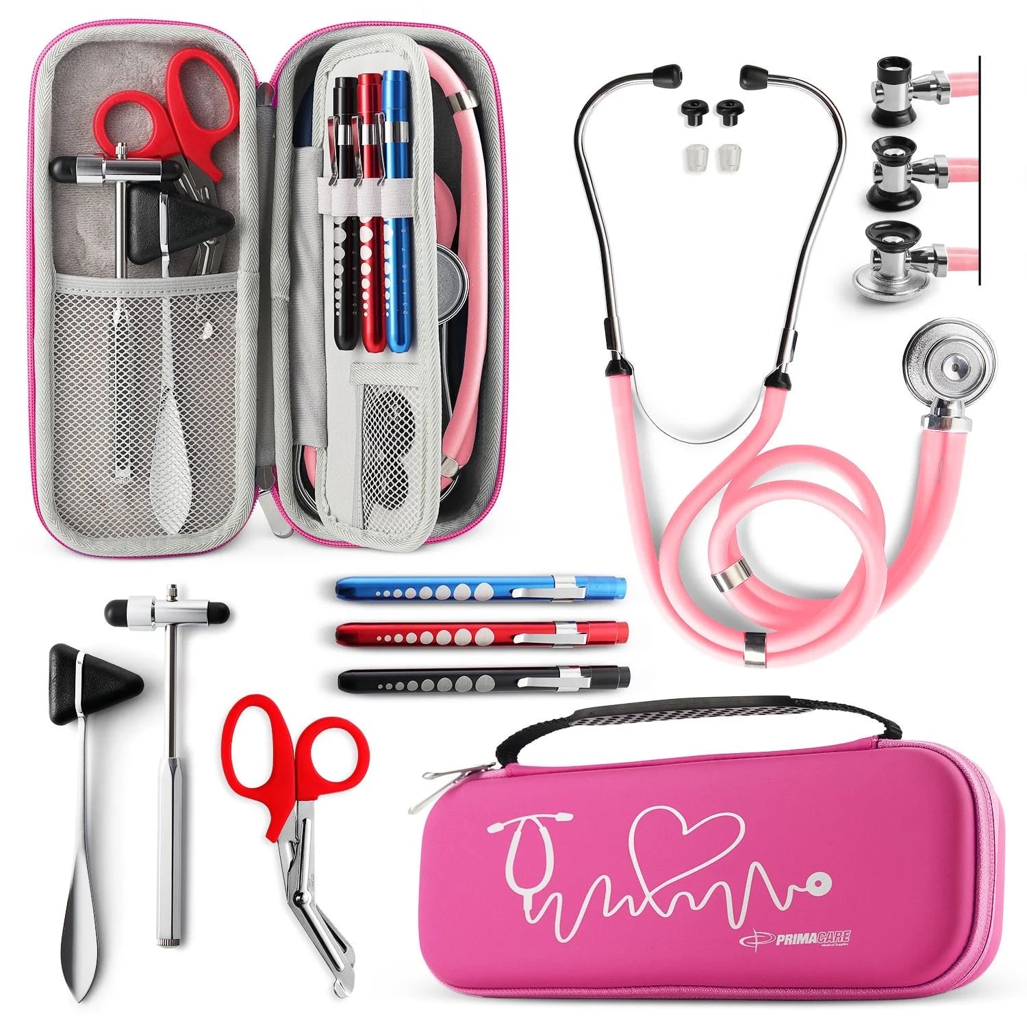 KB-9397-PK Stethoscope Case, Supplies Included, Pink with Multiple Compartments, Portable and Lightweight First Aid Kit Bag with Vital Medical Supplies, Nursing Accessories for Nurses