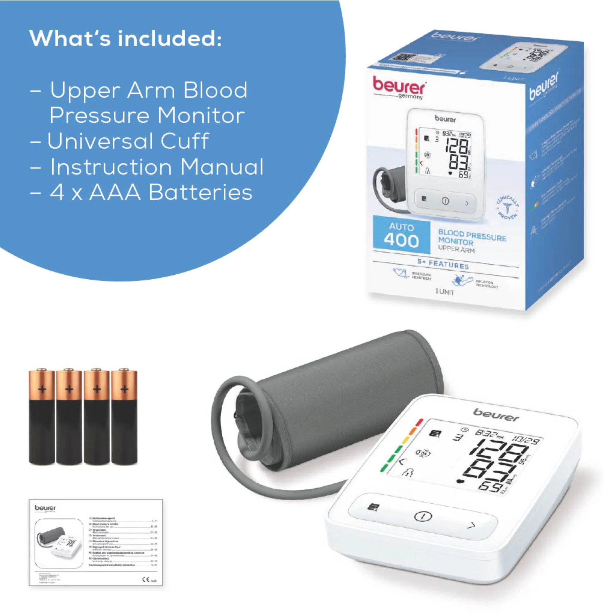 Auto 400 Blood Pressure Monitor, FSA & HSA Eligible, Wide-Range Upper Arm Cuff, Stores 60 Readings