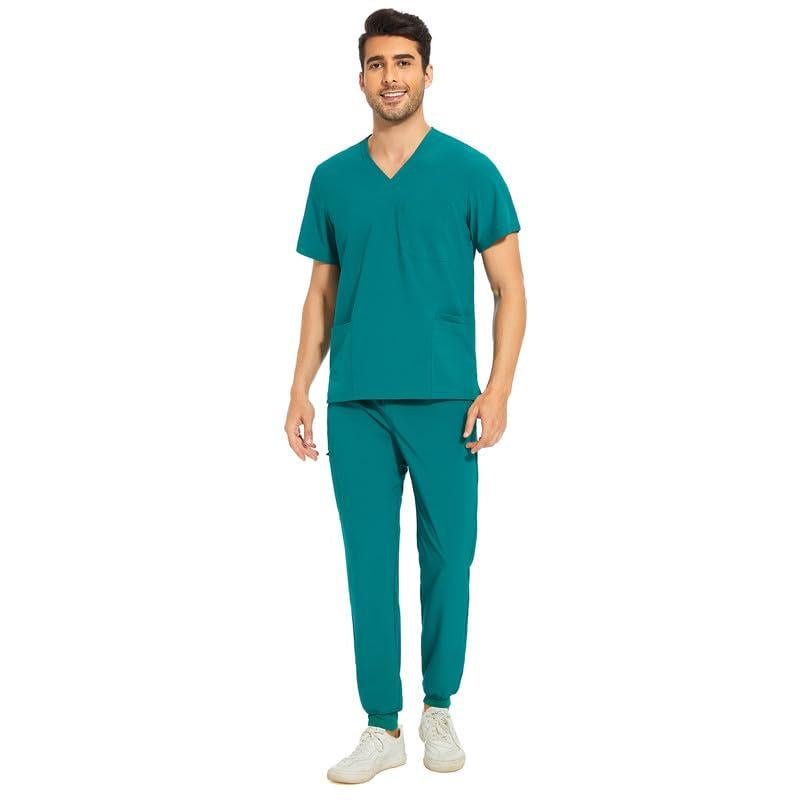 Cozyfit Men Scrubs Set — Stretch V-Neck Scrub Top & Jogger Pant with 8 Pockets, Yoga Waistband, Anti-Wrinkle Scrubs for Men Menswear Overalls