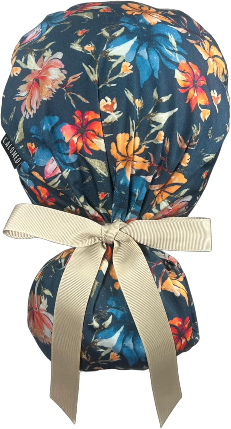 Scrub Cap for Women and Men, Ponytail Scrub Caps, Working Hat, Head Cover with Ribbon Ties and Buttons, Long Hair