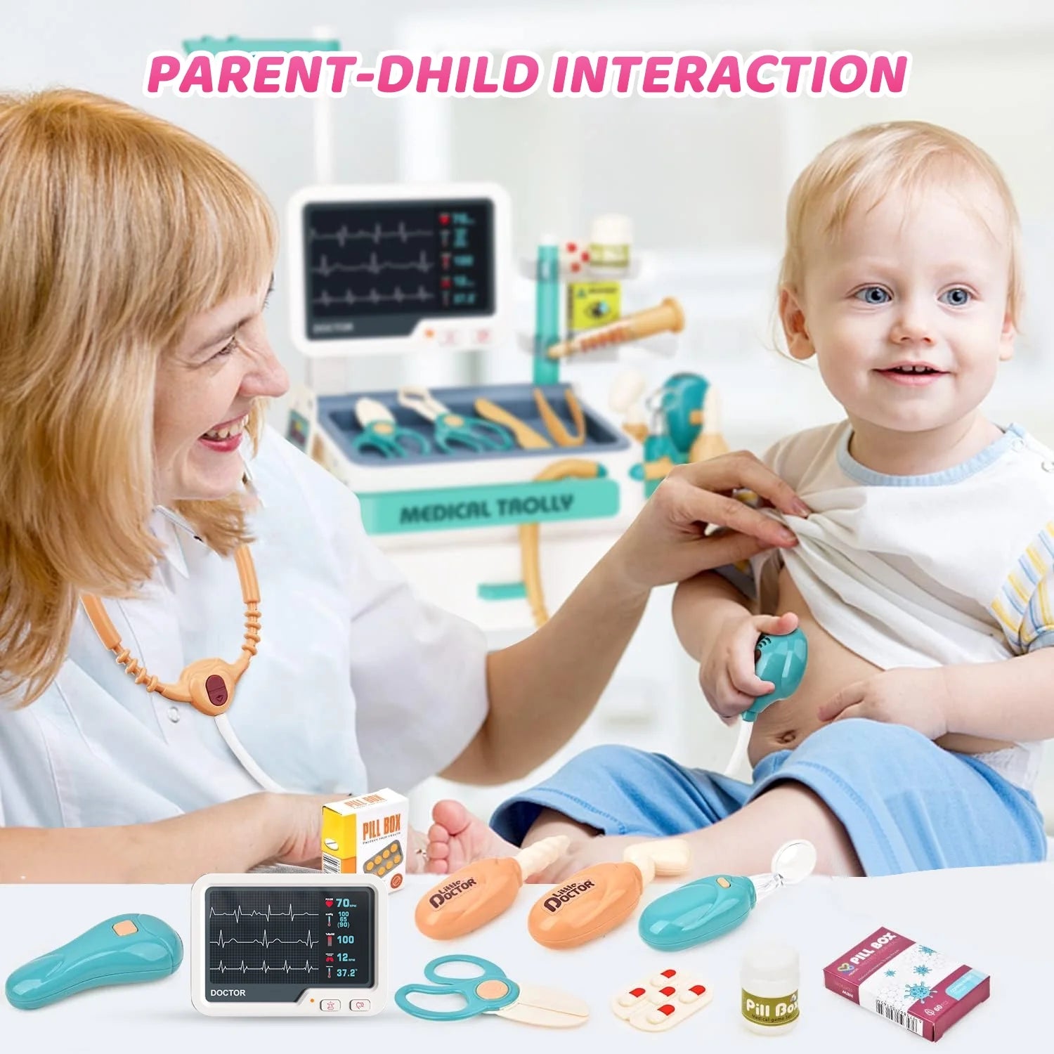 Doctor Kit for Kids Doctor Set Pretend Play Medical Kit Station Set for Girls Boys Dr. Playset Role Play Mobile Cart Trolley for Toddler Toys Christmas Gift, 26 PCS