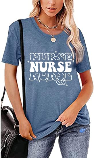 Nurse T-Shirt for Women Nurse Week Happy Nurse Day Funny Graphic Short-Sleeve Top-Light Blue M