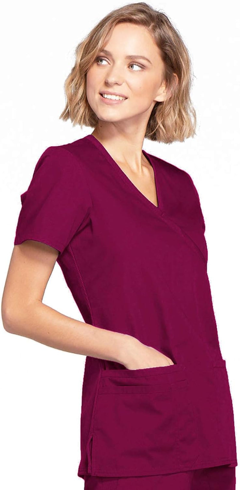 Scrubs for Women Mock Wrap Nursing Scrub Top with 3 Pockets, Side Vent & Stretch Back Panels Medical Uniform - WW650