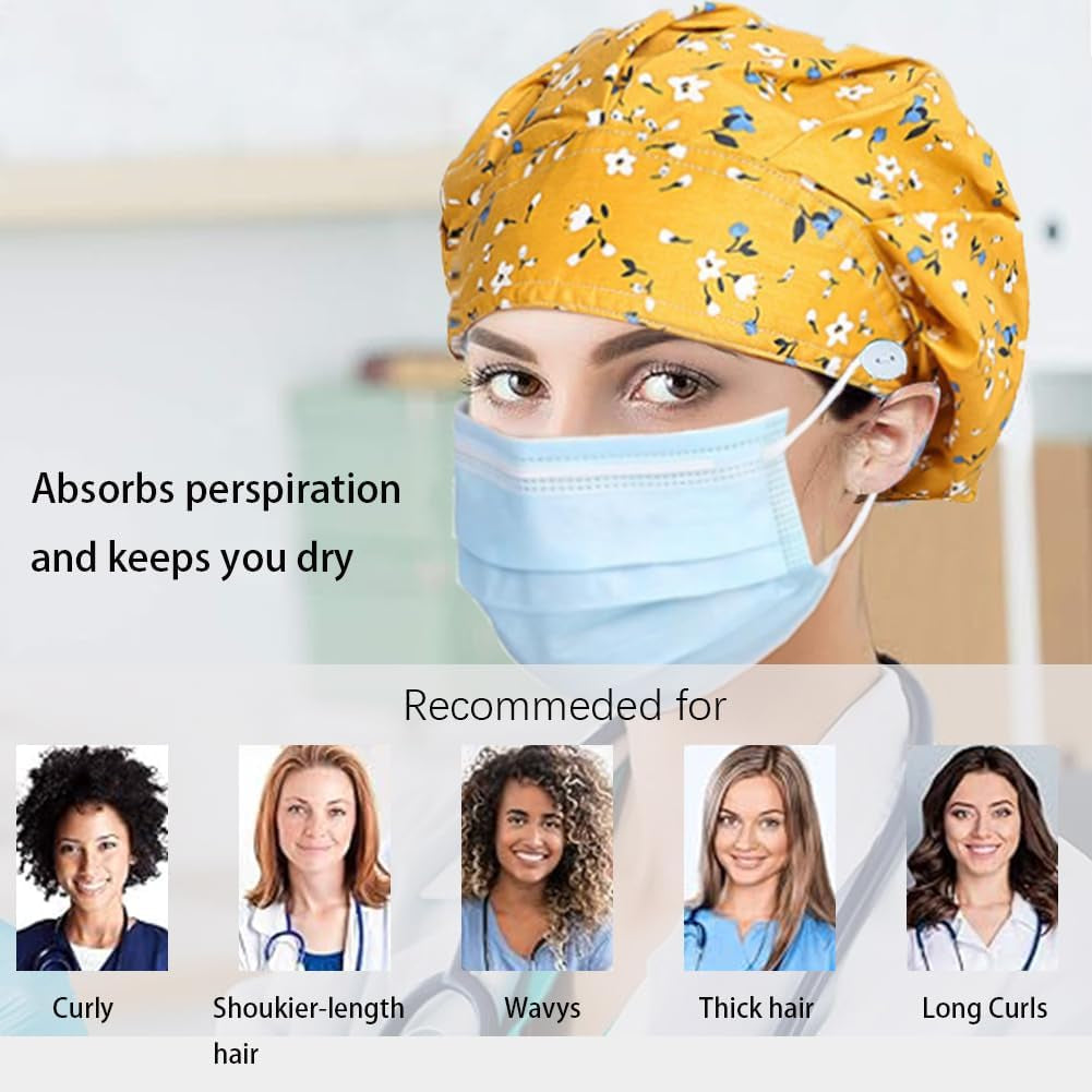 6PCS Bouffant Scrub Caps Women, Satin Lined Scrub Caps Women, Adjustable Surgical Cap for Womens, Nurse Cap with Button and Sweatband, Unisex Scrub Hats, One Size Multi Color