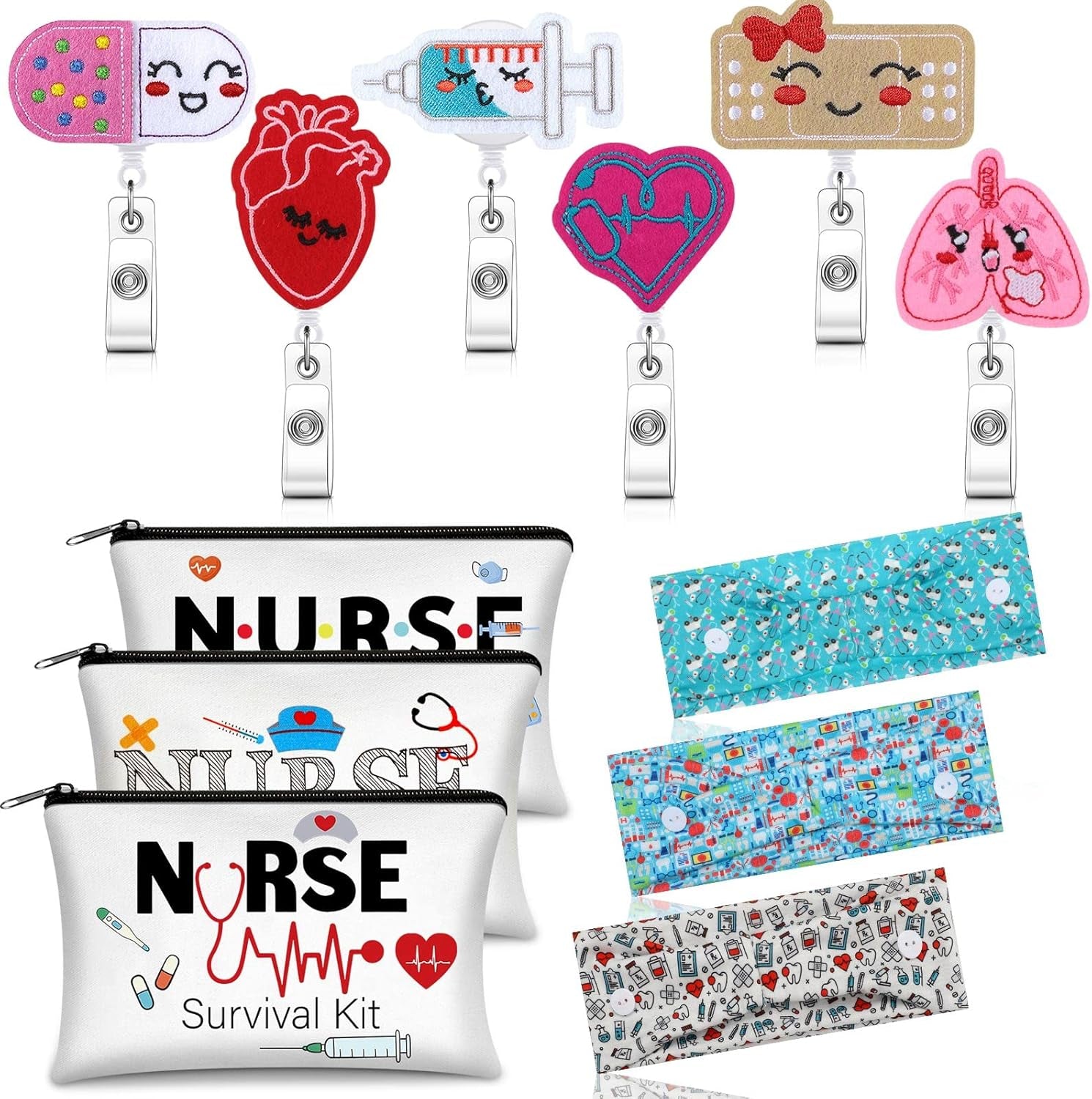 18 Pcs Nurse Gift Survival Kit 2025 Nurse Week Appreciation Gift for Women 6 Cosmetic Makeup Bag 6 Badge Reel Retractable 6 Headband with Button Women Doctor Present for Hospital(Stylish Style)