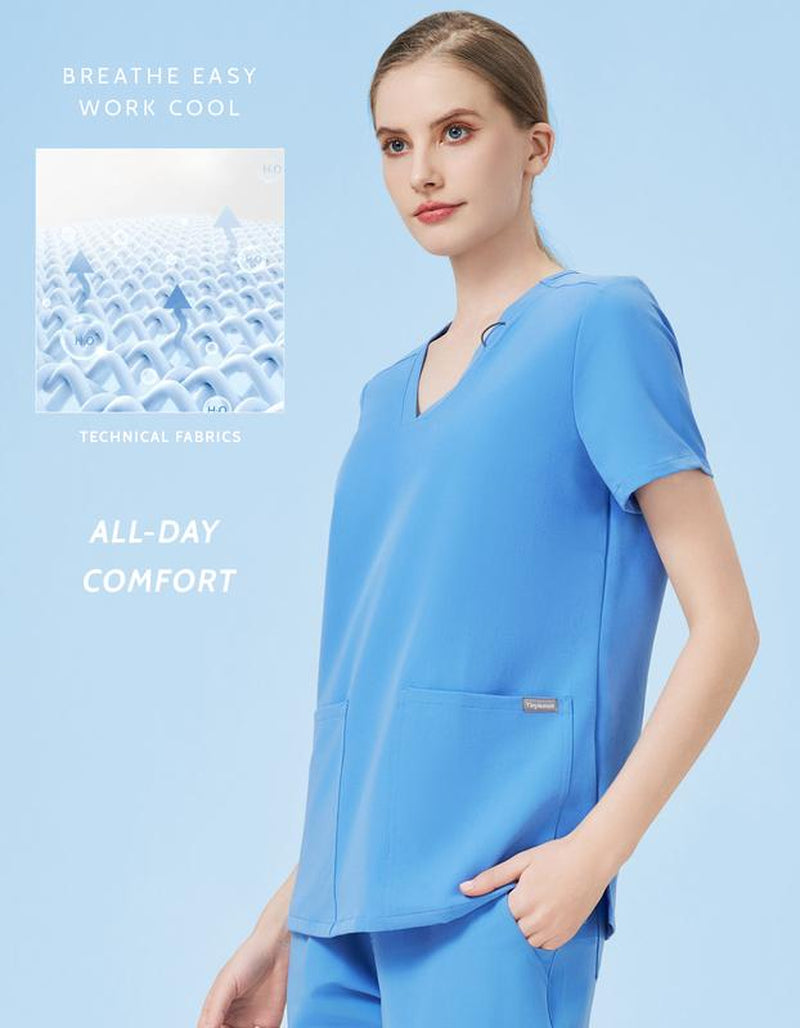 TINYLEMON Women Scrub Top - 3 Pocket V-Neck Top Scrubs Slim Fit with Badge Loop, Soft Four-Way Stretch Anti-Wrinkle Scrubs for Women Workwear