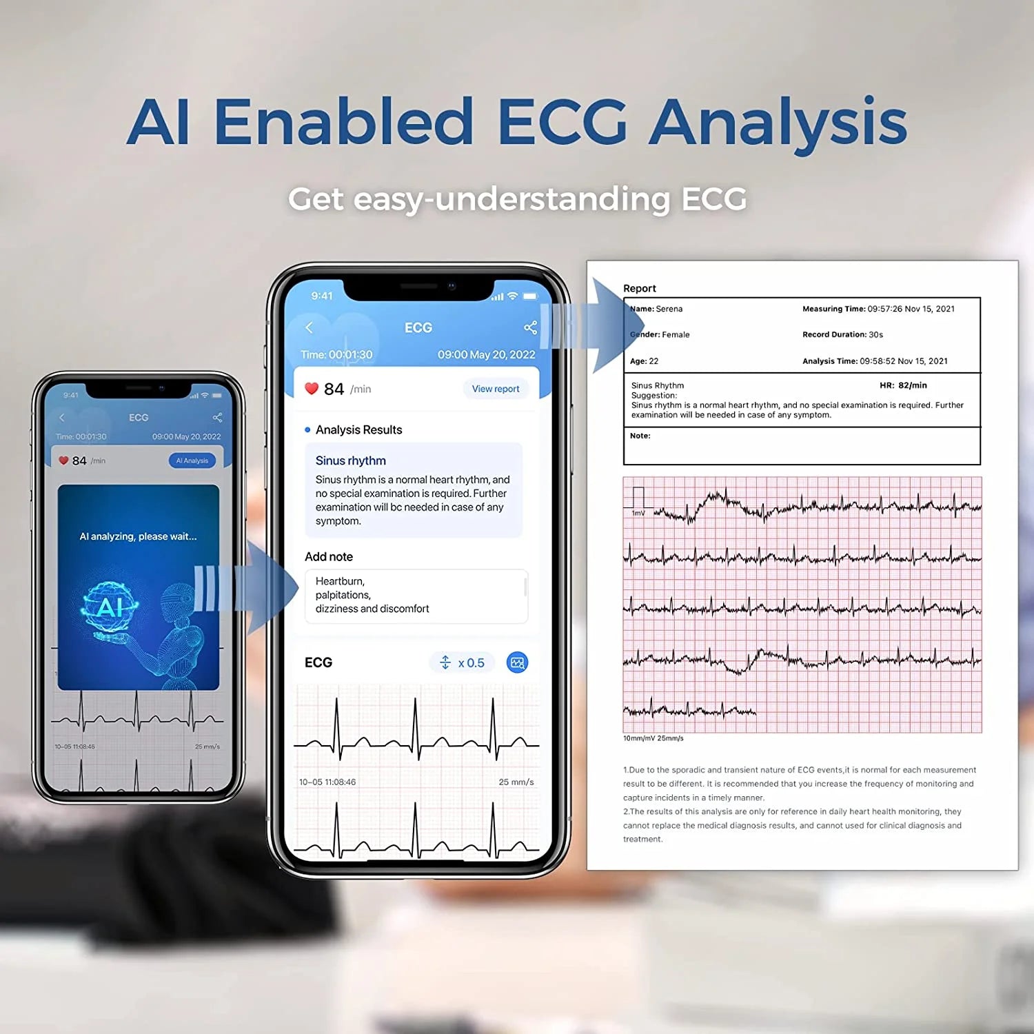 Bluetooth Blood Pressure Monitor and EKG Monitor | Wireless Upper Arm BP Machine with Large Cuff | AI Analysis ECG Monitor | BP2