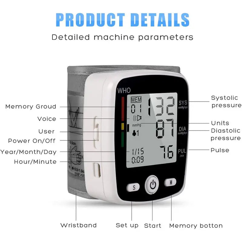 Portable Rechargeable Digital Blood Pressure Monitor with LCD Display, 2 X 99 Readings Memory for Home & Health Monitoring (Built-In Lithium Battery)