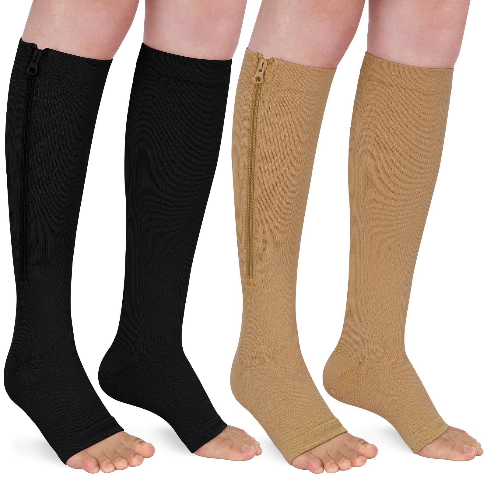Wegitcs 2 Pairs Zipper Compression Socks for Women & Men 15-20 mmHg Open Toe Compression Stocking with Zipper Suit for Nurses Running Athletic(MultiL/XL)