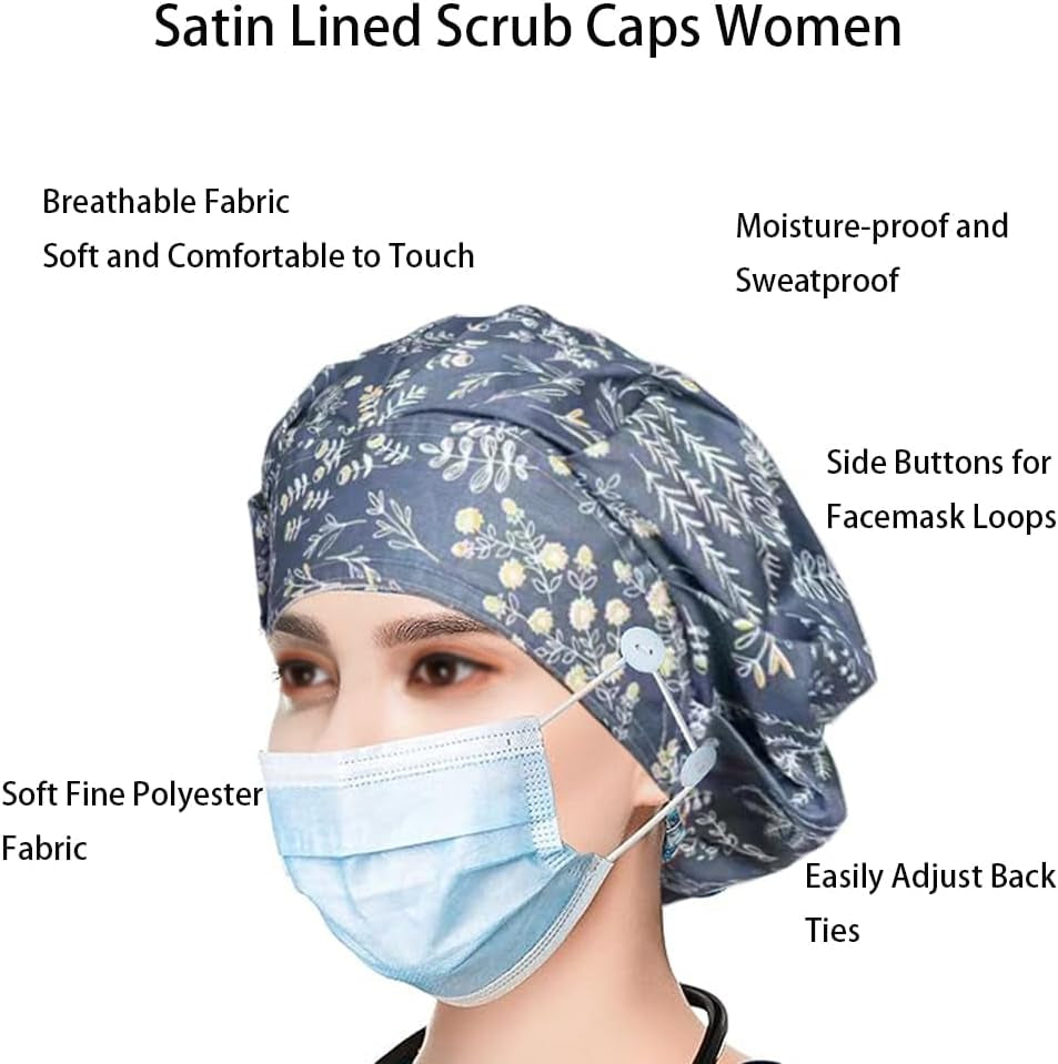 6PCS Bouffant Scrub Caps Women, Satin Lined Scrub Caps Women, Adjustable Surgical Cap for Womens, Nurse Cap with Button and Sweatband, Unisex Scrub Hats, One Size Multi Color