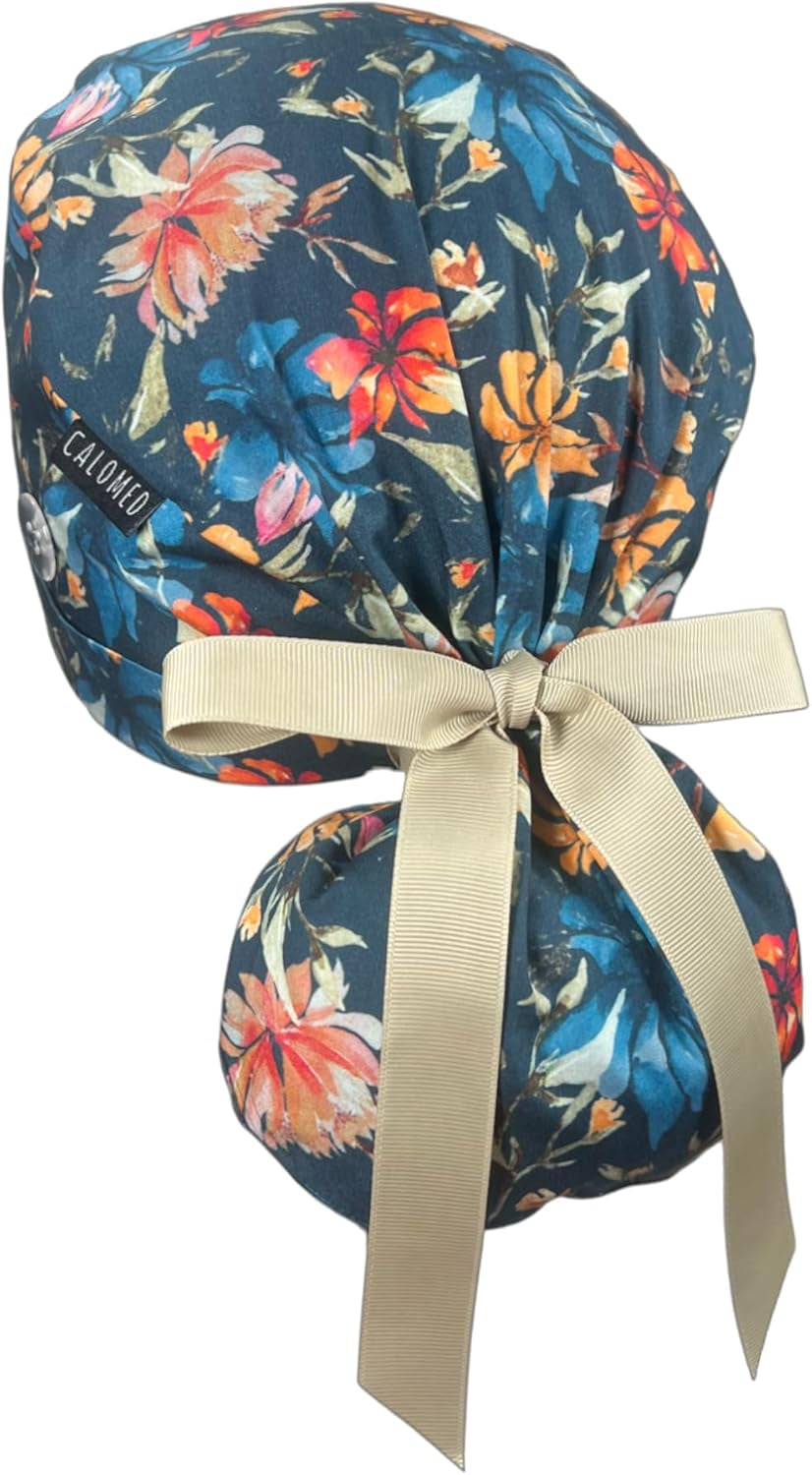 Scrub Cap for Women and Men, Ponytail Scrub Caps, Working Hat, Head Cover with Ribbon Ties and Buttons, Long Hair