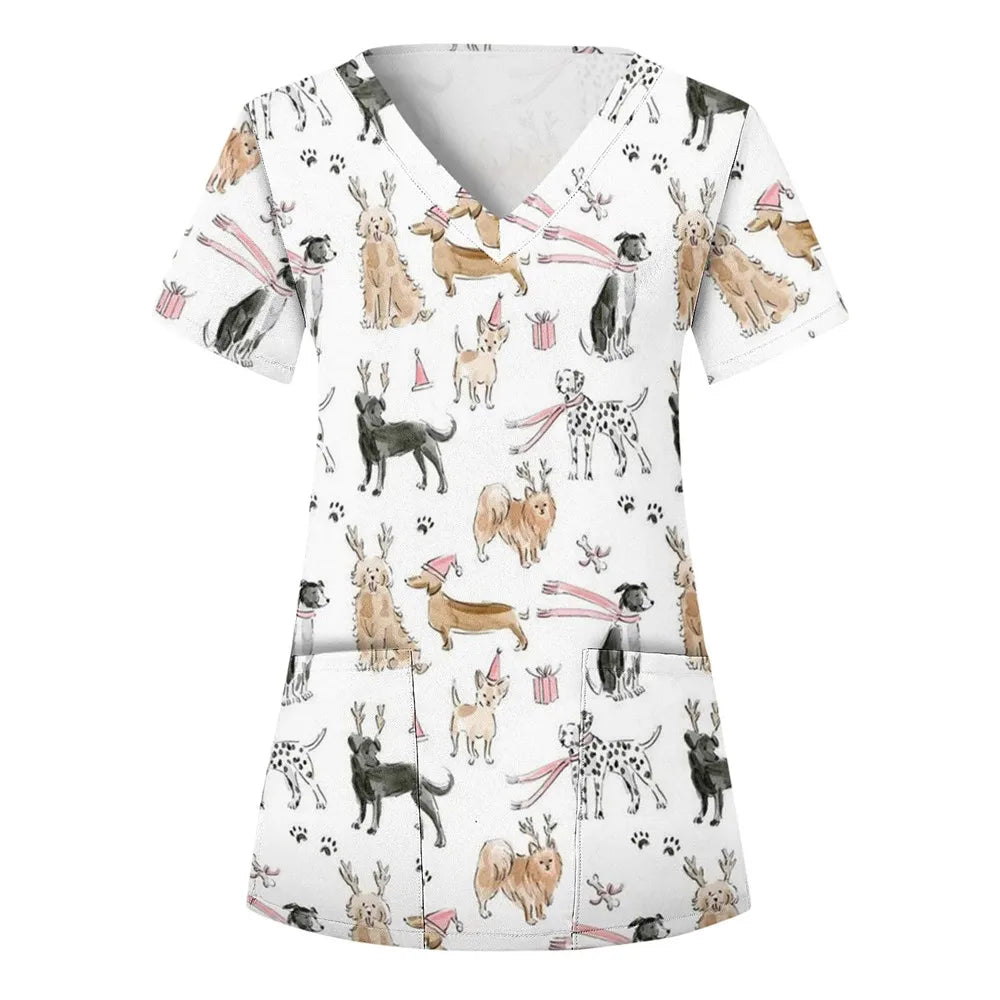 Nurse Uniform Women'S Tops V Neck T Shirt Cat Dog Cartoon Printed Tops Uniform Short Sleeve Pockets Medical Female Nurse Uniform