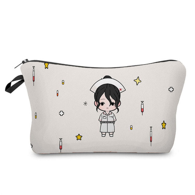 Cartoon Nurse Printed Makeup Bag - Foldable & High Capacity