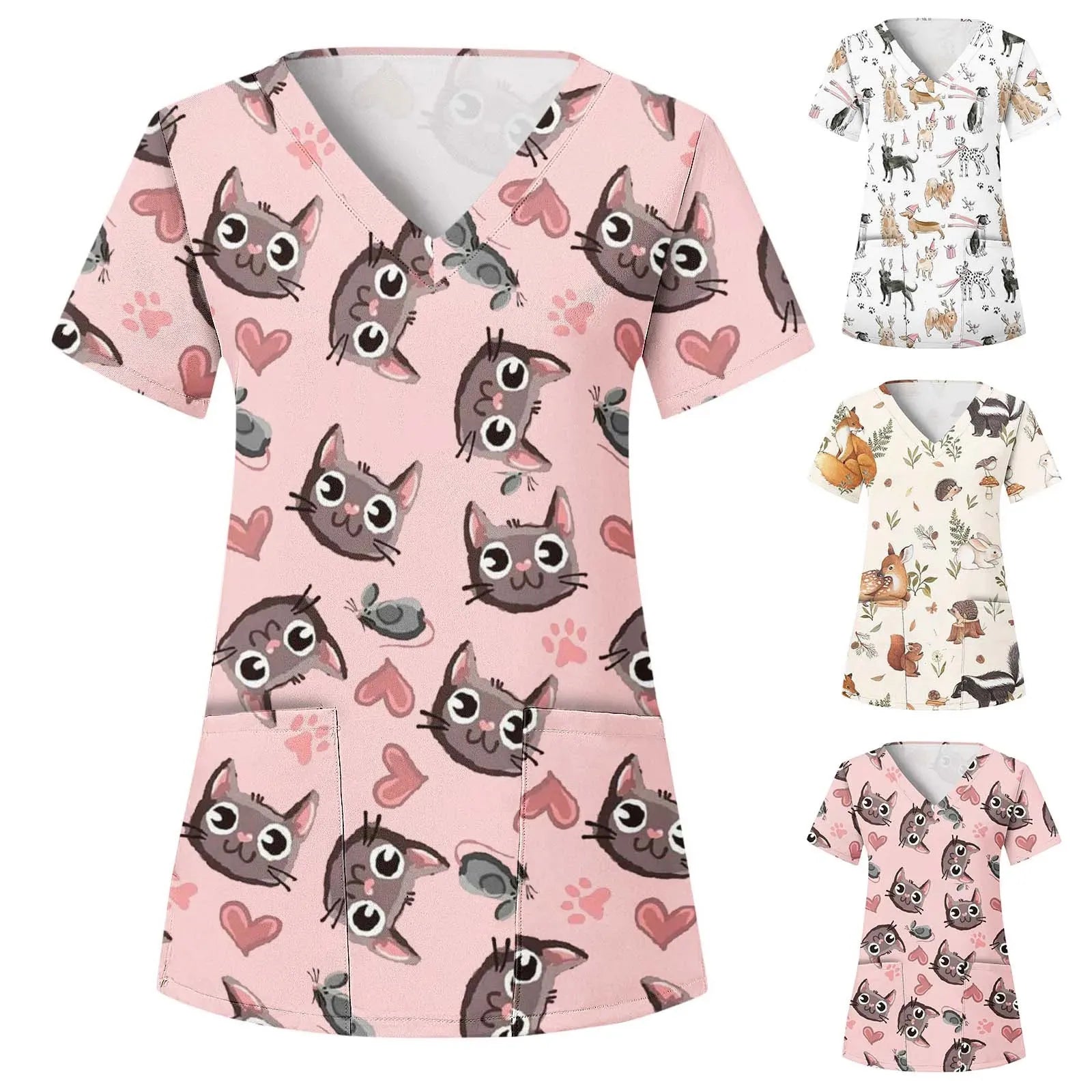 Nurse Uniform Women'S Tops V Neck T Shirt Cat Dog Cartoon Printed Tops Uniform Short Sleeve Pockets Medical Female Nurse Uniform