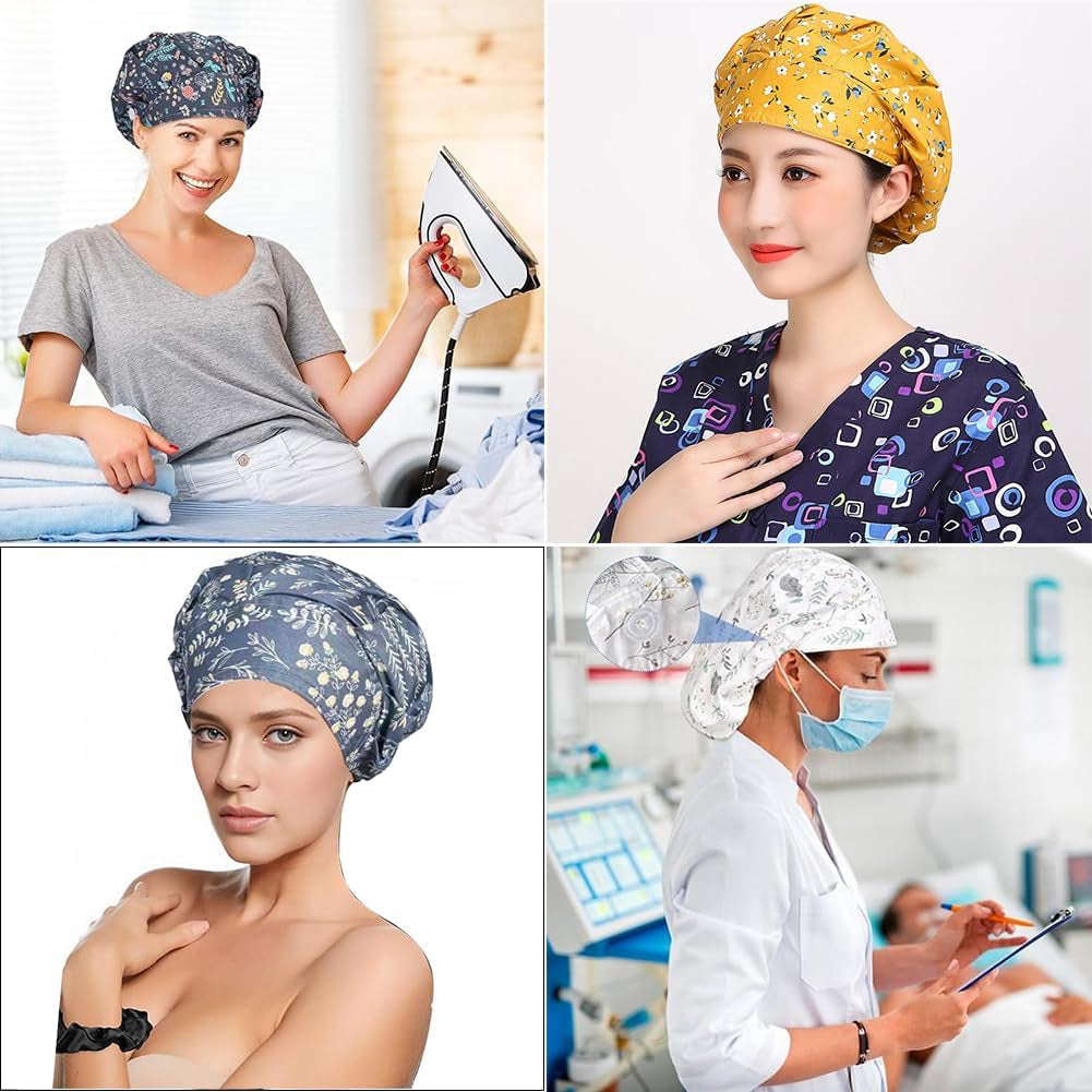 6PCS Bouffant Scrub Caps Women, Satin Lined Scrub Caps Women, Adjustable Surgical Cap for Womens, Nurse Cap with Button and Sweatband, Unisex Scrub Hats, One Size Multi Color