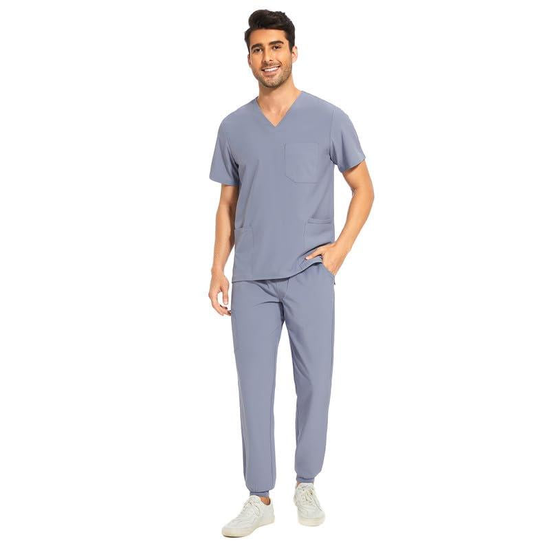 Cozyfit Men Scrubs Set — Stretch V-Neck Scrub Top & Jogger Pant with 8 Pockets, Yoga Waistband, Anti-Wrinkle Scrubs for Men Menswear Overalls