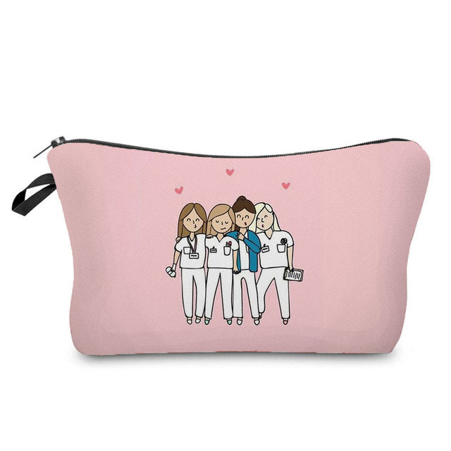 Cartoon Nurse Printed Makeup Bag - Foldable & High Capacity