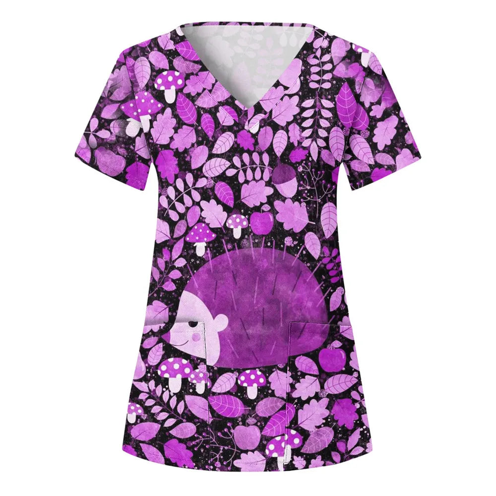 Nurse Uniform Women'S Tops V Neck T Shirt Cat Dog Cartoon Printed Tops Uniform Short Sleeve Pockets Medical Female Nurse Uniform