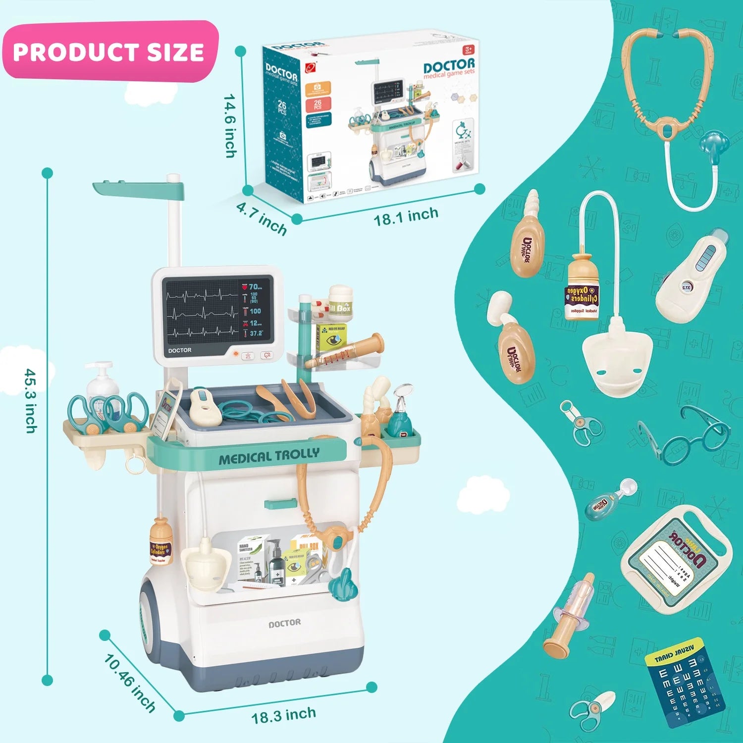 Doctor Kit for Kids Doctor Set Pretend Play Medical Kit Station Set for Girls Boys Dr. Playset Role Play Mobile Cart Trolley for Toddler Toys Christmas Gift, 26 PCS