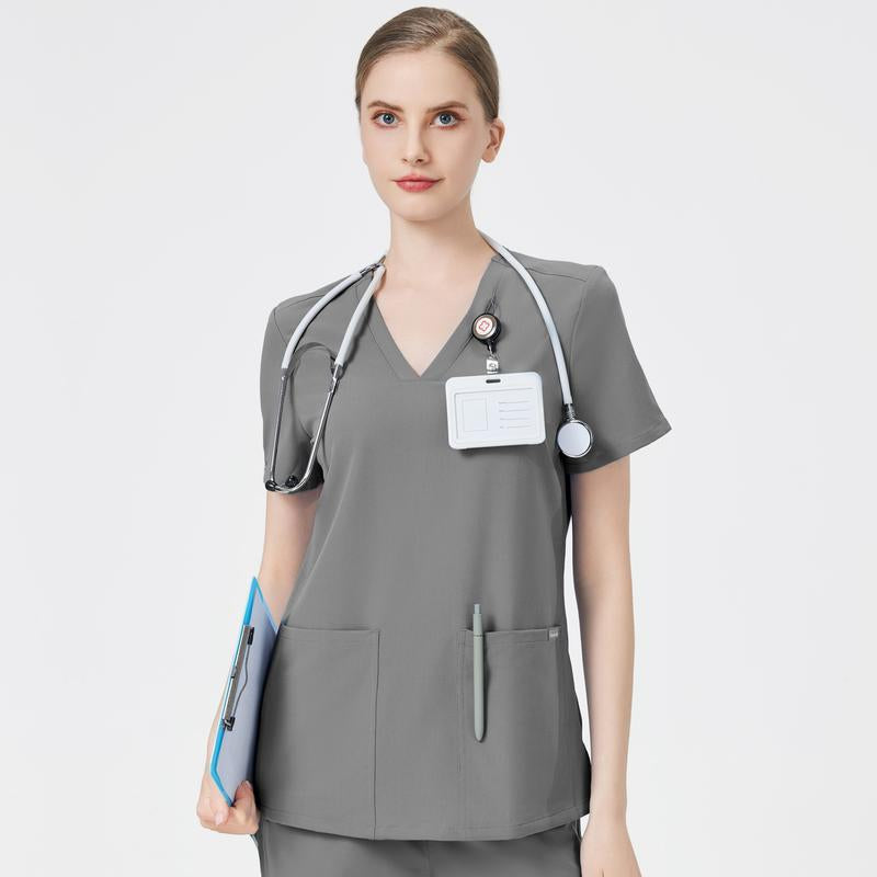 TINYLEMON Women Scrub Top - 3 Pocket V-Neck Top Scrubs Slim Fit with Badge Loop, Soft Four-Way Stretch Anti-Wrinkle Scrubs for Women Workwear