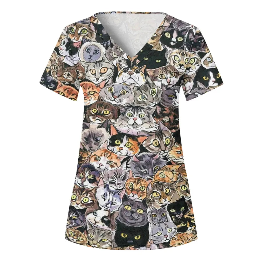 Nurse Uniform Women'S Tops V Neck T Shirt Cat Dog Cartoon Printed Tops Uniform Short Sleeve Pockets Medical Female Nurse Uniform