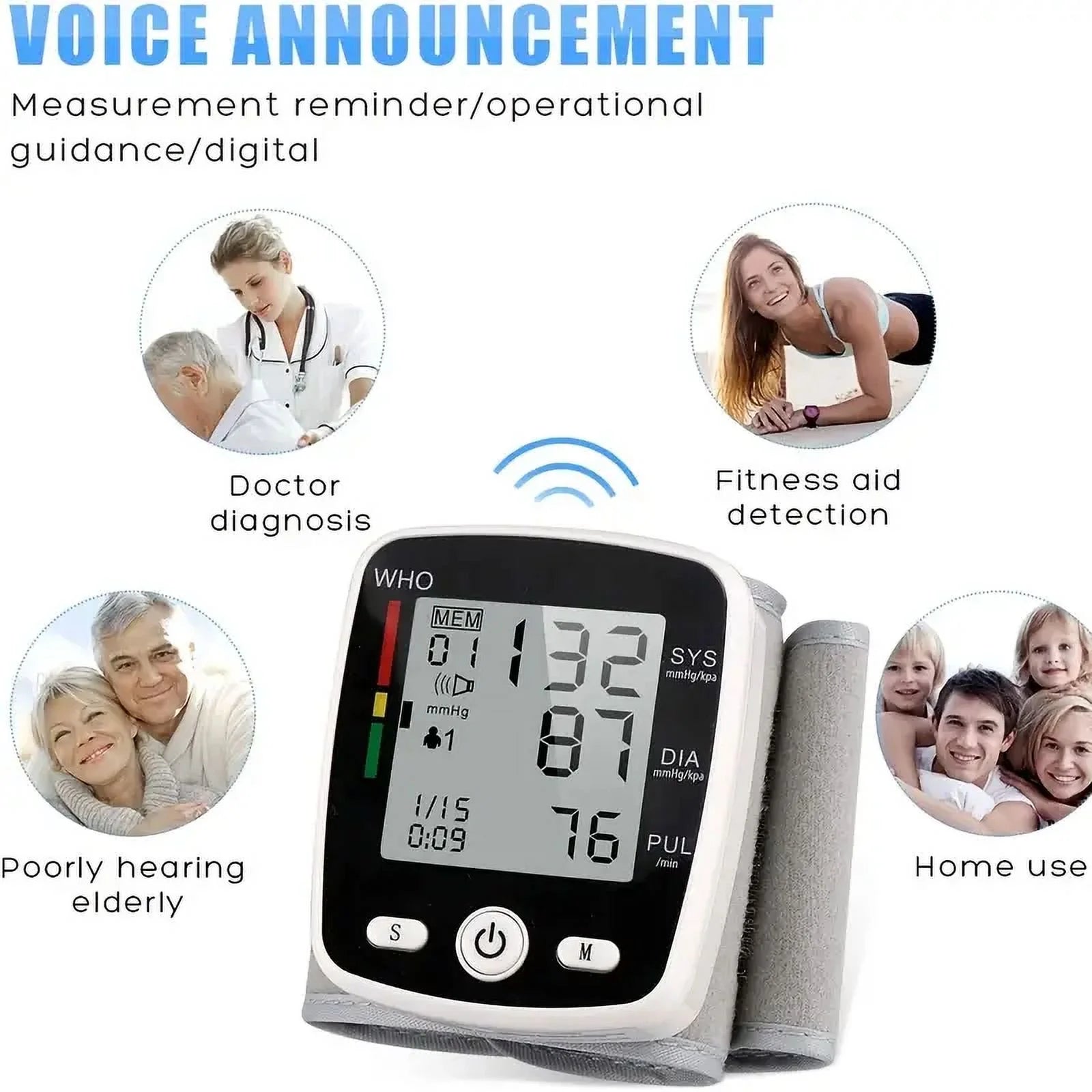 Portable Rechargeable Digital Blood Pressure Monitor with LCD Display, 2 X 99 Readings Memory for Home & Health Monitoring (Built-In Lithium Battery)
