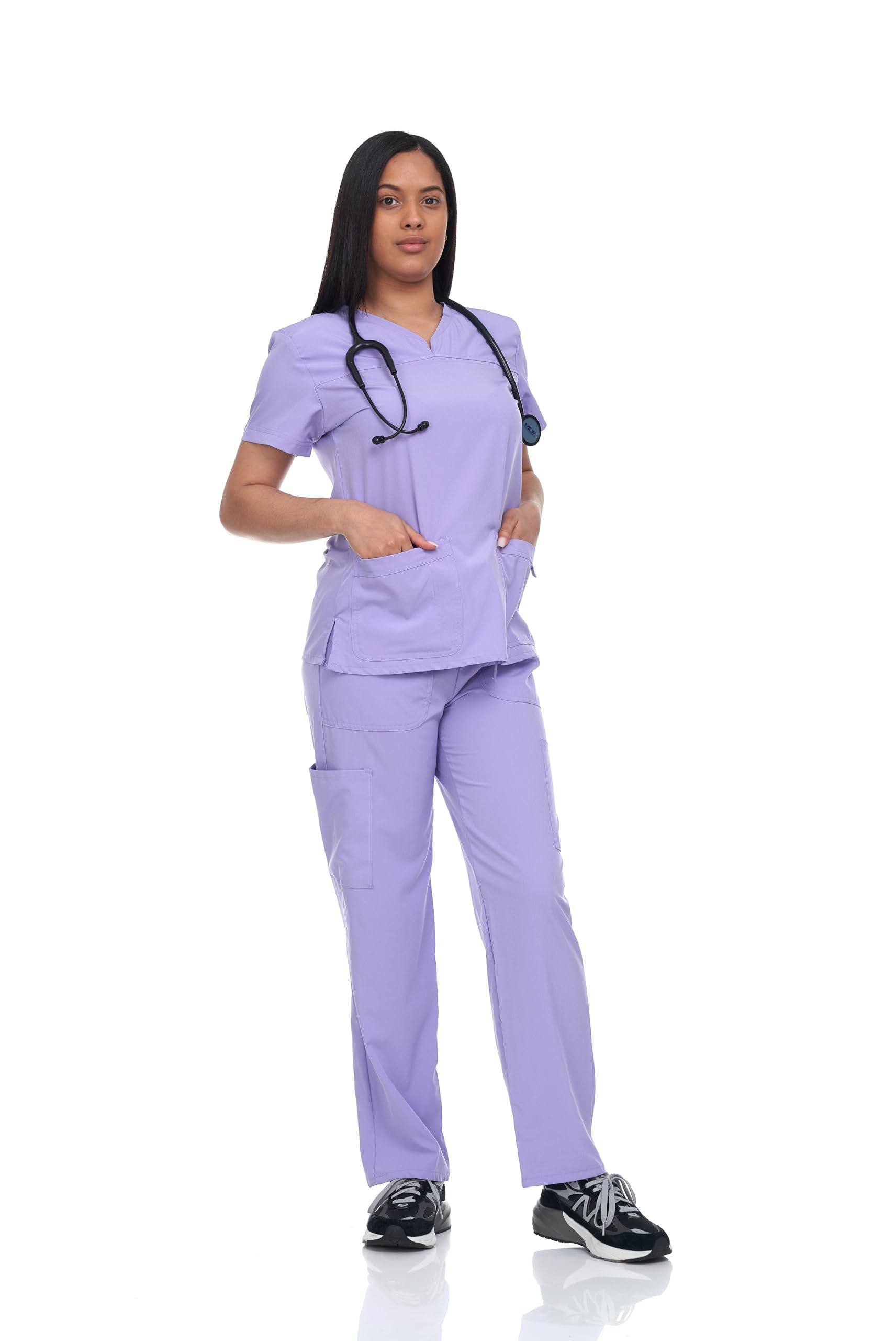 Flex Core New York Scrub Set Top and Pants with 4 Pockets Stretch Fabric Lightweight Nurse Uniform Set for Home Attendant (Lavender X-Large)