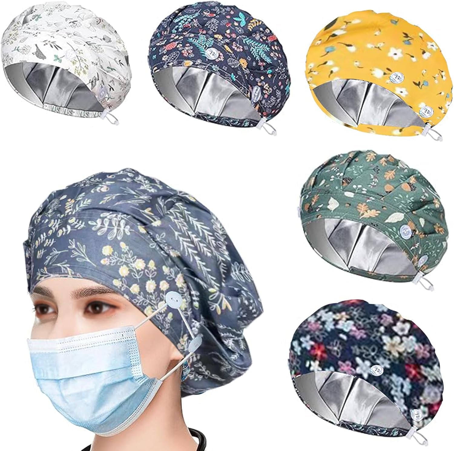 6PCS Bouffant Scrub Caps Women, Satin Lined Scrub Caps Women, Adjustable Surgical Cap for Womens, Nurse Cap with Button and Sweatband, Unisex Scrub Hats, One Size Multi Color