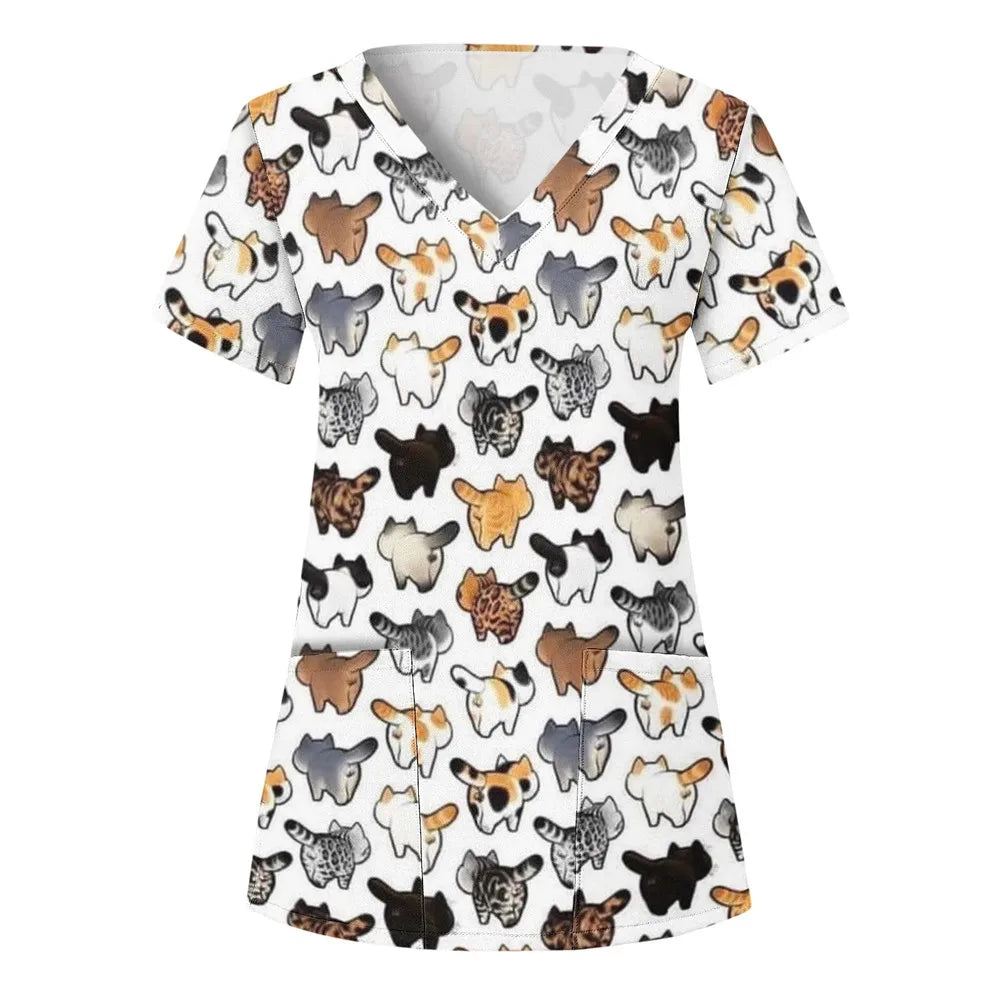 Nurse Uniform Women'S Tops V Neck T Shirt Cat Dog Cartoon Printed Tops Uniform Short Sleeve Pockets Medical Female Nurse Uniform