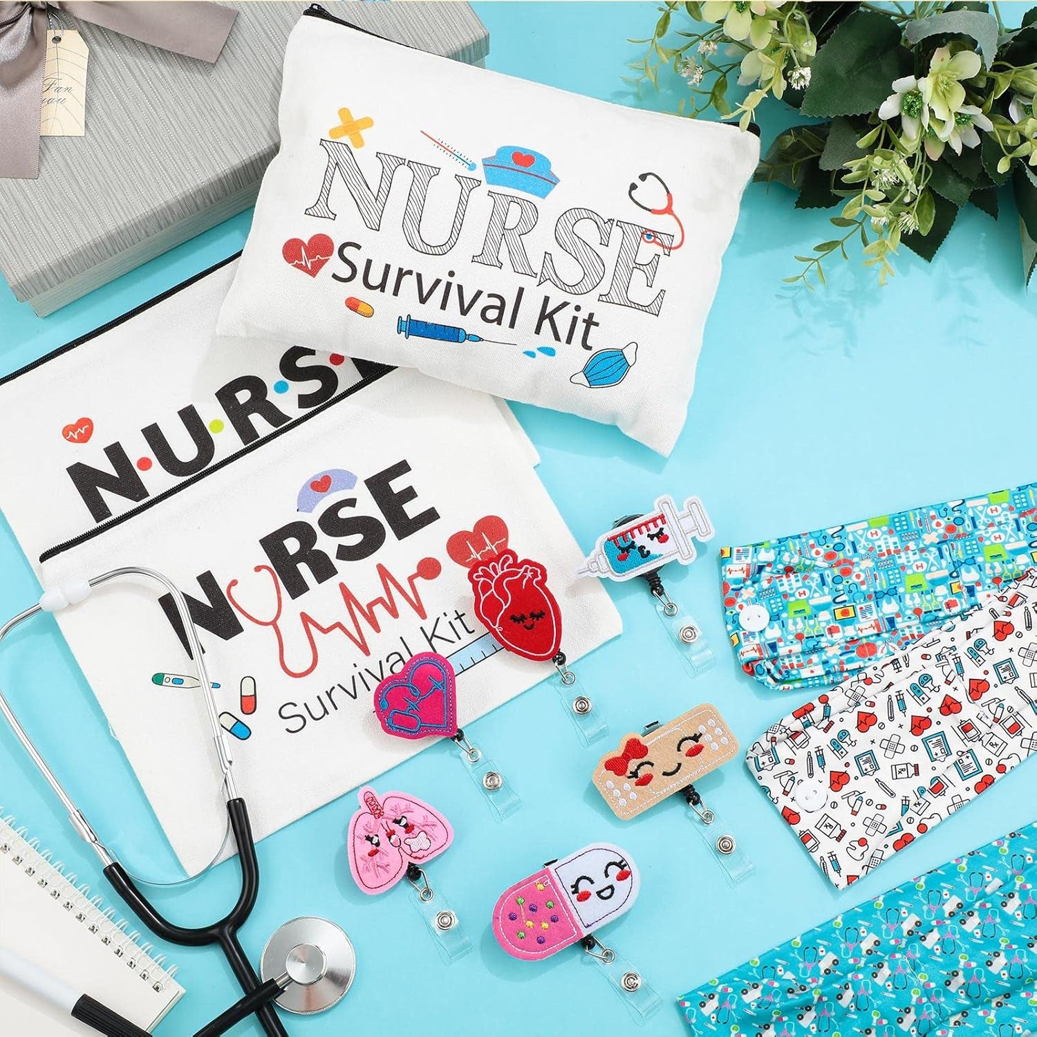 18 Pcs Nurse Gift Survival Kit 2025 Nurse Week Appreciation Gift for Women 6 Cosmetic Makeup Bag 6 Badge Reel Retractable 6 Headband with Button Women Doctor Present for Hospital(Stylish Style)