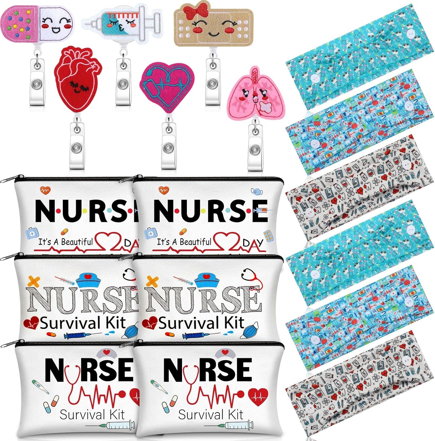 18 Pcs Nurse Gift Survival Kit 2025 Nurse Week Appreciation Gift for Women 6 Cosmetic Makeup Bag 6 Badge Reel Retractable 6 Headband with Button Women Doctor Present for Hospital(Stylish Style)