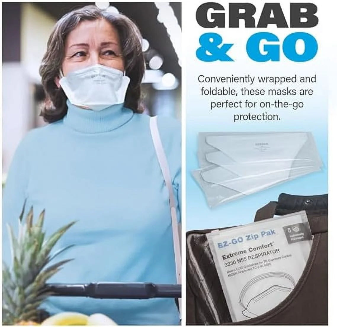 3230 EZGO N95 Respirator Niosh-Approved Made in U.S.A. 5 Masks/Travel Pack