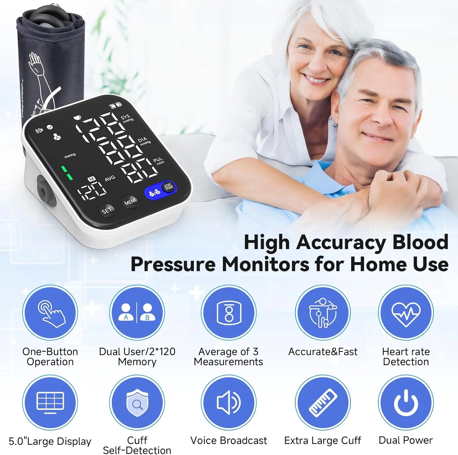Blood Pressure Monitor , Upper Arm Blood Pressure Monitor BP Machine, Accurate Automatic High Blood Pressure Machine with USB Cable and Pulse Rate Monitor
