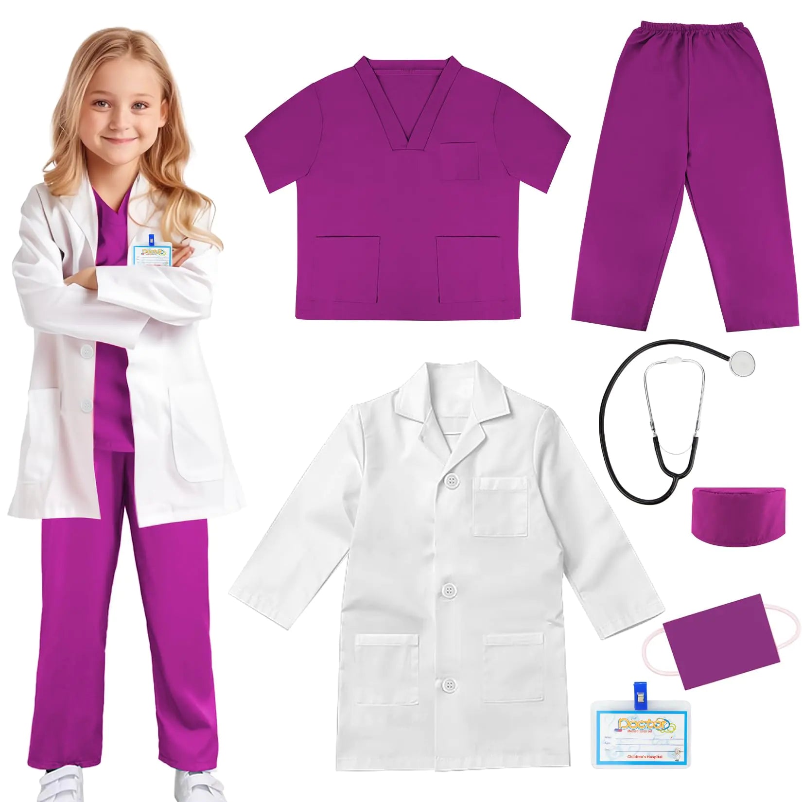 COTATERO Doctor Scrubs Costume for Kids With Stethoscope Lab Coat Career Day Costume Halloween Dress Up For Boys Girls 3-12