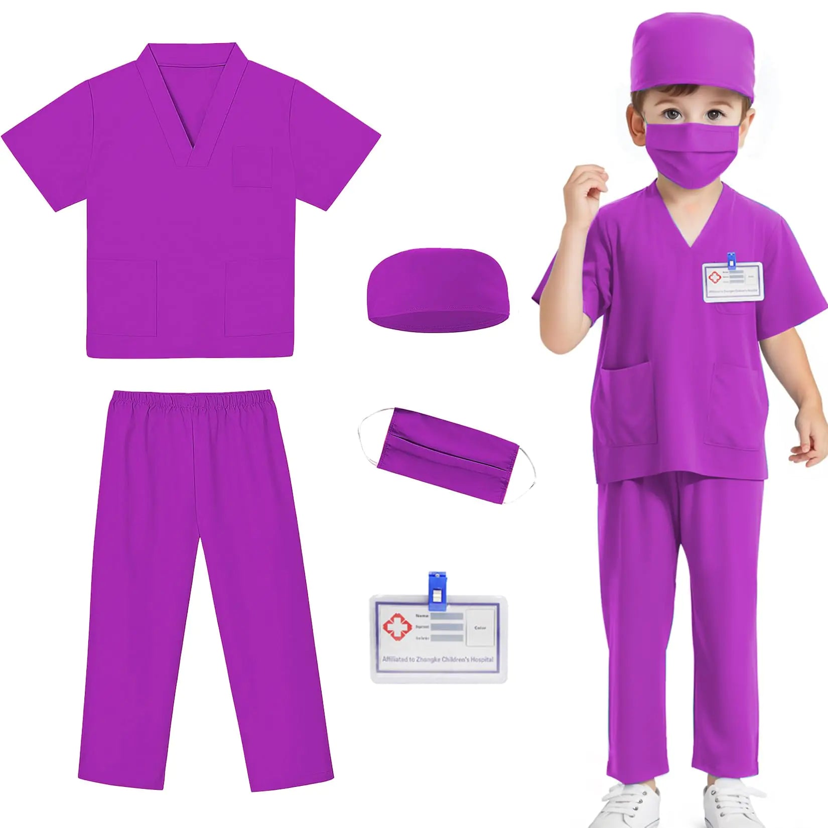 Mizzuco Doctor Costume for KidsToddler Nurse Scrubs Halloween Dress Up Cosplay For Boys Girls 3-12 Years (Purple S-110CM/3-4yrs)