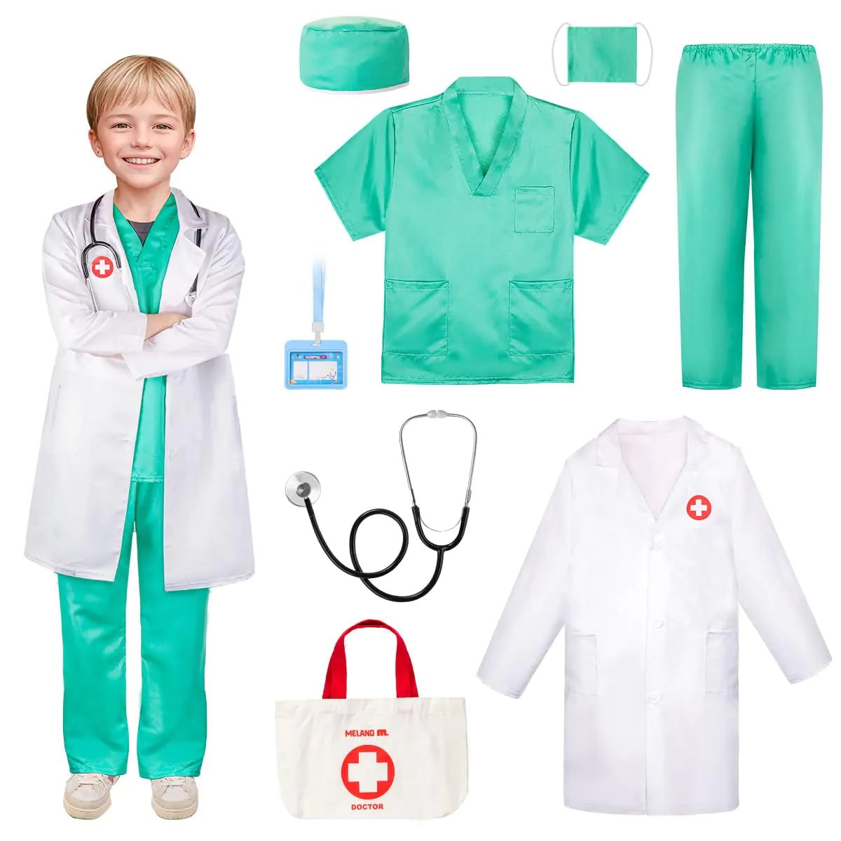 Meland Doctor Costume for Kids - Kids Scrubs with Lab Coat & Carry Bag Doctor Dress Up for Halloween Career Day Role Play(Green7-8 Years)