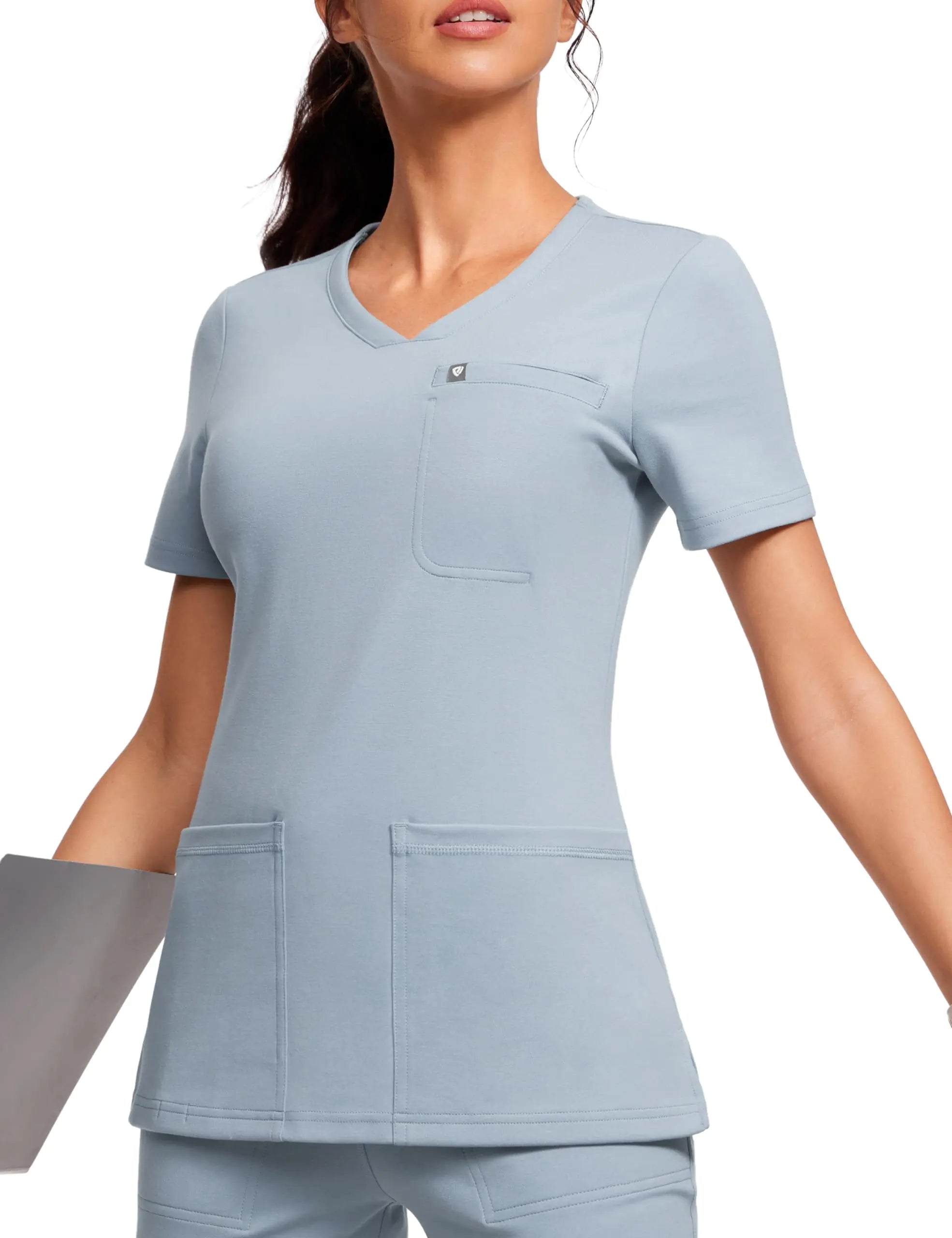 POPVIOLET Scrubs for Women V-Neck Short Sleeve Stretch Medical Scrub Shirts with 4 Pockets Slim Fit Top Cambric Blue Large